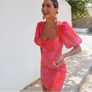 Zara Vibrant Pink Floral Puff Sleeve Dress